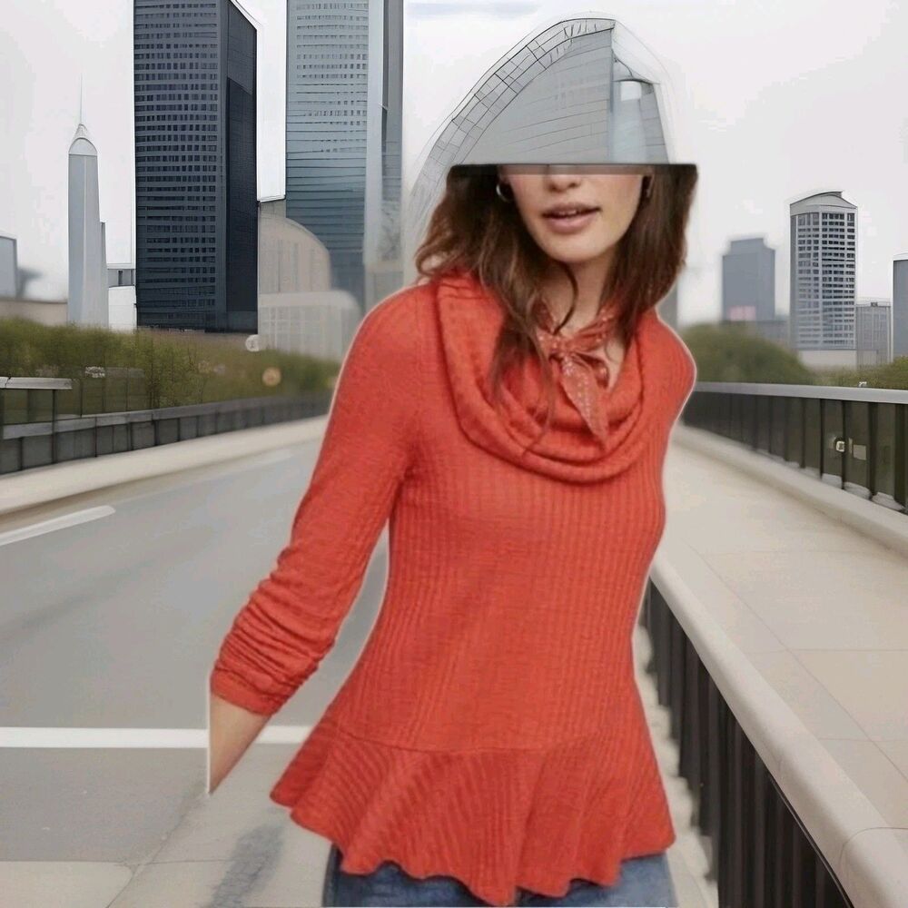 Maeve Anthropologie Sweater Orange Addie Ruffled Hacci Cowl Neck Pullover SMALL